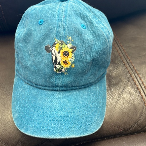 Accessories - Blue Cap with Cow and Sunflower Embroidery